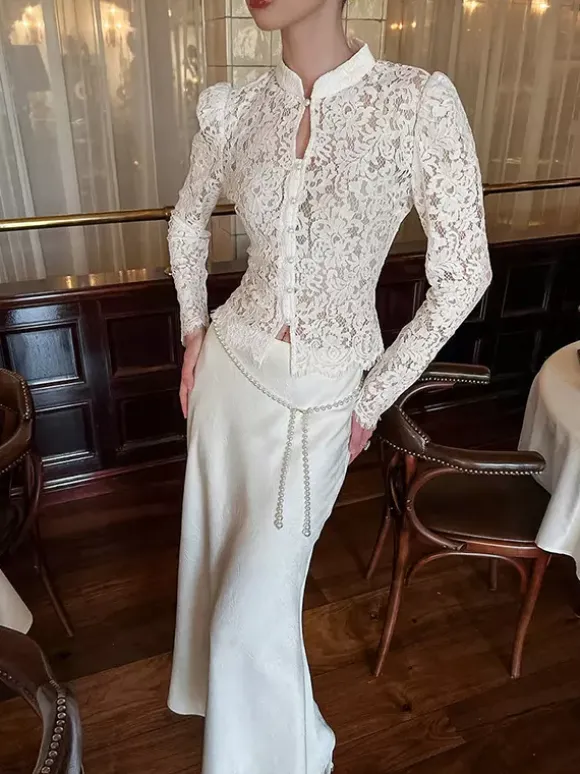 Floral Lace Blouse Women's Elegant Button Up Top - White Stand Collar Slim Fit - Spring Night Party Wear 2026