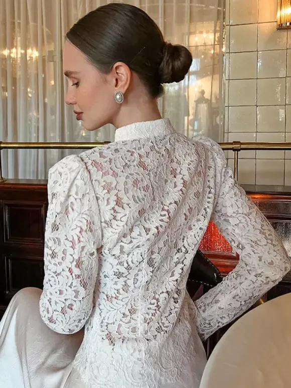 Floral Lace Blouse Women's Elegant Button Up Top - White Stand Collar Slim Fit - Spring Night Party Wear 2026