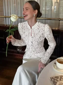 Floral Lace Blouse Women's Elegant Button Up Top - White Stand Collar Slim Fit - Spring Night Party Wear 2026