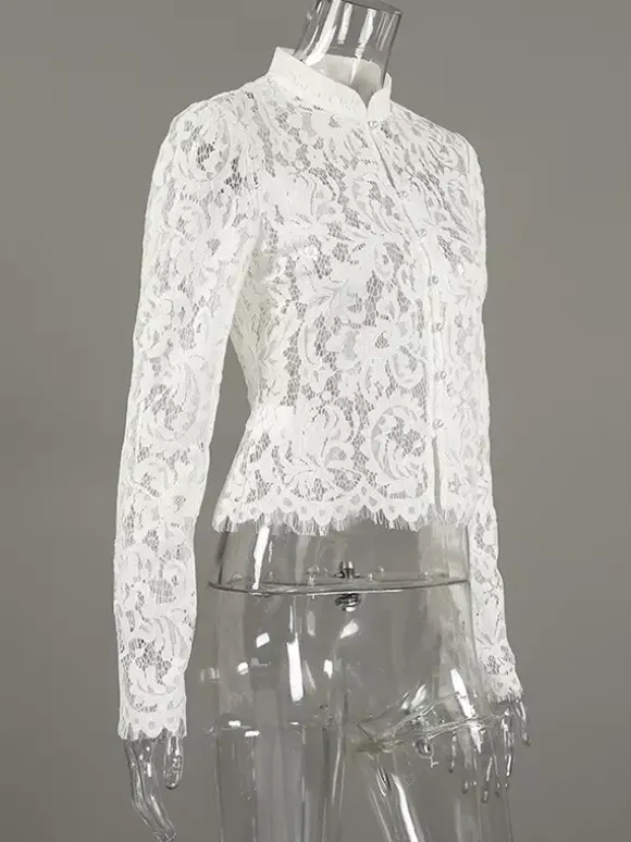 Floral Lace Blouse Women's Elegant Button Up Top - White Stand Collar Slim Fit - Spring Night Party Wear 2026