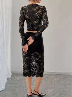 Floral Lace Long Sleeve Crop Top And Midi Skirt Two Piece Set For Women 2026