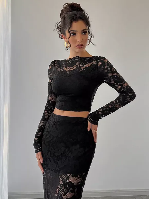 Floral Lace Long Sleeve Crop Top And Midi Skirt Two Piece Set For Women 2026