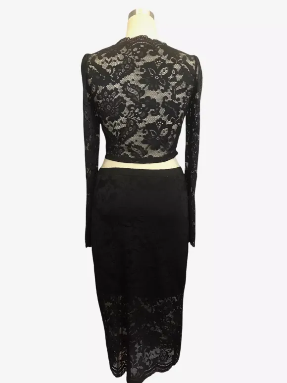 Floral Lace Long Sleeve Crop Top And Midi Skirt Two Piece Set For Women 2026