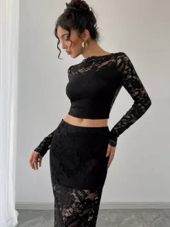 Floral Lace Long Sleeve Crop Top And Midi Skirt Two Piece Set For Women 2026