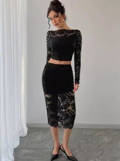 Floral Lace Long Sleeve Crop Top And Midi Skirt Two Piece Set For Women 2026