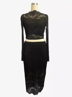 Floral Lace Long Sleeve Crop Top And Midi Skirt Two Piece Set For Women 2026