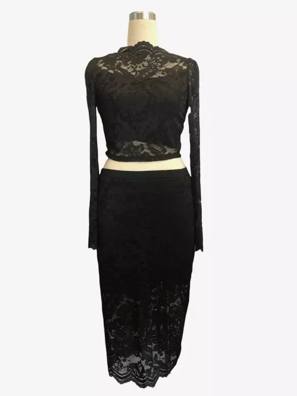 Floral Lace Long Sleeve Crop Top And Midi Skirt Two Piece Set For Women 2026
