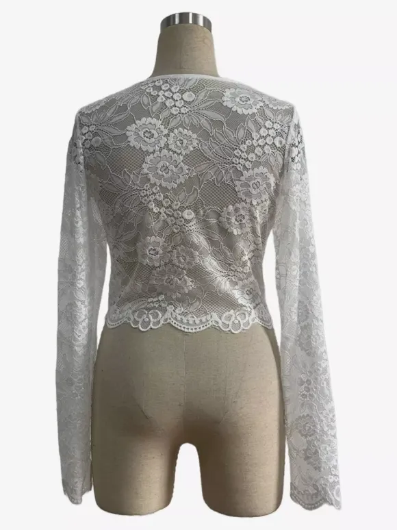 Floral Lace Long Sleeve Slim Fit Crop Top For Women 2026