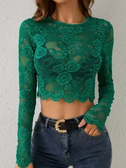 Floral Lace Long Sleeve Slim Fit Crop Top For Women 2026