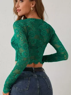 Floral Lace Long Sleeve Slim Fit Crop Top For Women 2026