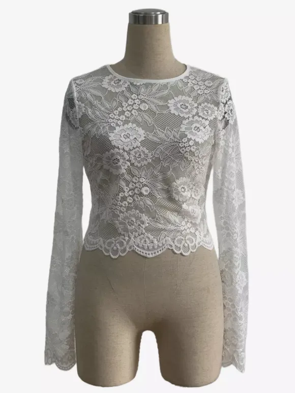 Floral Lace Long Sleeve Slim Fit Crop Top For Women 2026
