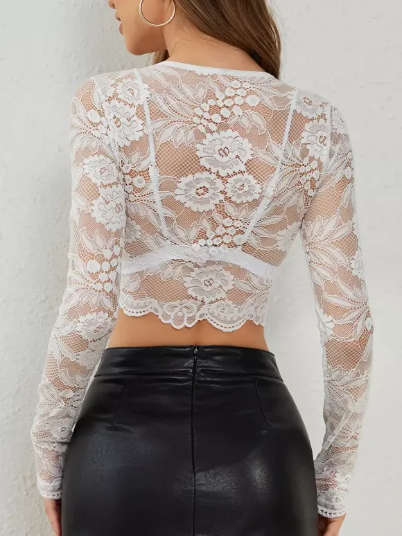 Floral Lace Long Sleeve Slim Fit Crop Top For Women 2026