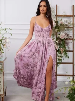 Floral Layered Ruffles Maxi Party Dress High Slit Strap Dress 2026