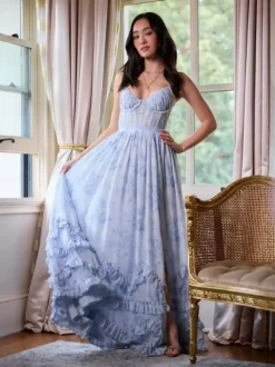 Floral Layered Ruffles Maxi Party Dress High Slit Strap Dress 2026