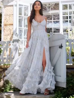 Floral Layered Ruffles Maxi Party Dress High Slit Strap Dress 2026