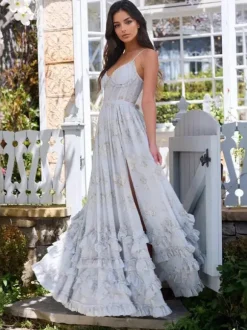 Floral Layered Ruffles Maxi Party Dress High Slit Strap Dress 2026