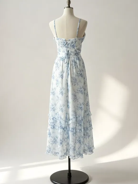 Floral Layered Ruffles Maxi Party Dress High Slit Strap Dress 2026