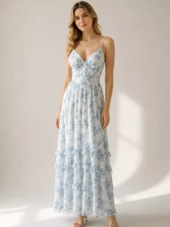 Floral Layered Ruffles Maxi Party Dress High Slit Strap Dress 2026