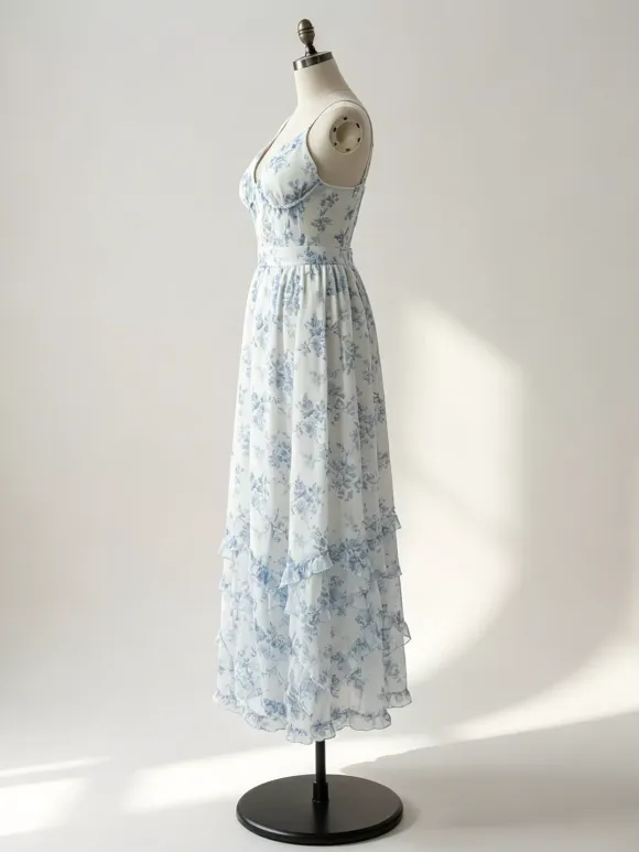Floral Layered Ruffles Maxi Party Dress High Slit Strap Dress 2026