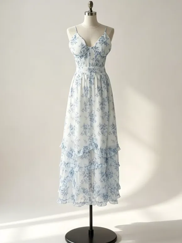 Floral Layered Ruffles Maxi Party Dress High Slit Strap Dress 2026
