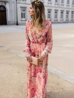 Floral Maxi Dress for Women - Pink Wrap V Neck Lantern Sleeve Long Dress - Spring Garden Wedding Guest 2026