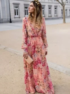 Floral Maxi Dress for Women - Pink Wrap V Neck Lantern Sleeve Long Dress - Spring Garden Wedding Guest 2026