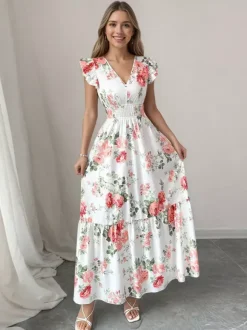 Floral Maxi Dress For Women - Smocked Waist V Neck Tiered Sun Dress - Summer Wedding Guest Party 2026