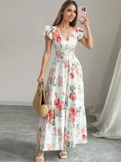 Floral Maxi Dress For Women - Smocked Waist V Neck Tiered Sun Dress - Summer Wedding Guest Party 2026