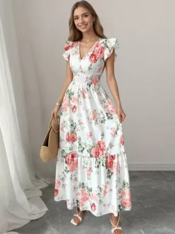 Floral Maxi Dress For Women - Smocked Waist V Neck Tiered Sun Dress - Summer Wedding Guest Party 2026