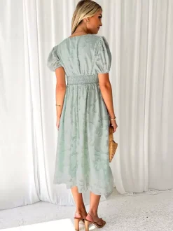 Floral Midi Dress With V-Neck And Puffy Sleeves For Women 2026