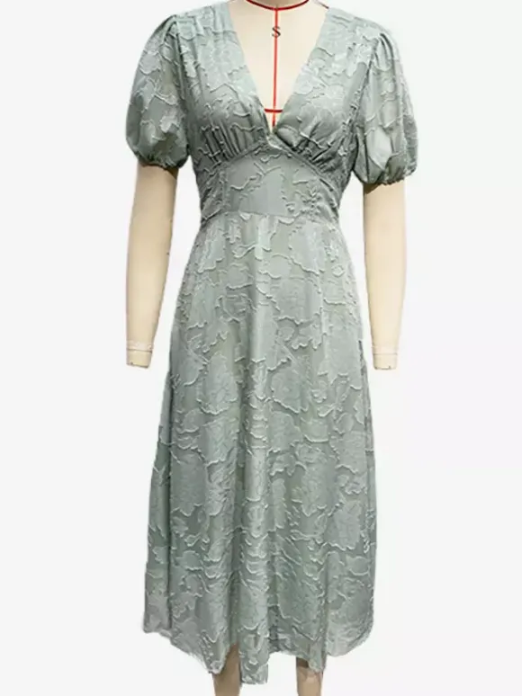 Floral Midi Dress With V-Neck And Puffy Sleeves For Women 2026