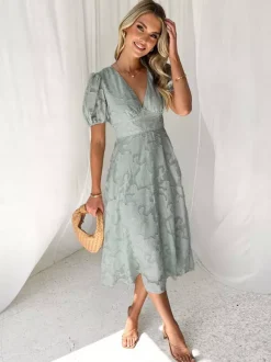 Floral Midi Dress With V-Neck And Puffy Sleeves For Women 2026