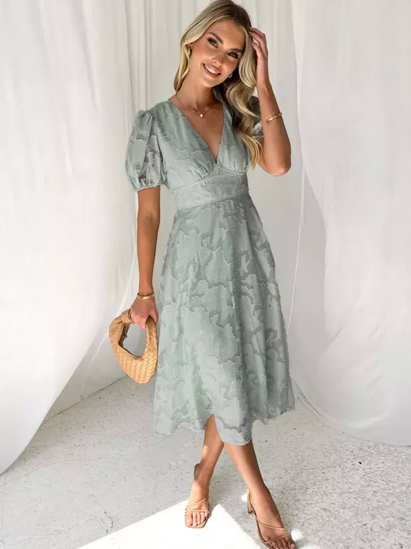 Floral Midi Dress With V-Neck And Puffy Sleeves For Women 2026