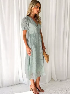 Floral Midi Dress With V-Neck And Puffy Sleeves For Women 2026