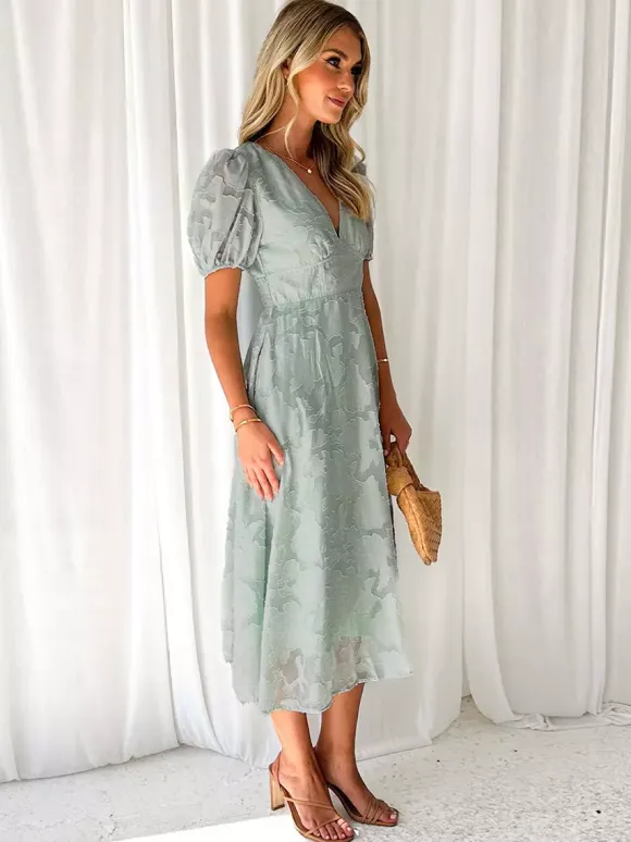 Floral Midi Dress With V-Neck And Puffy Sleeves For Women 2026
