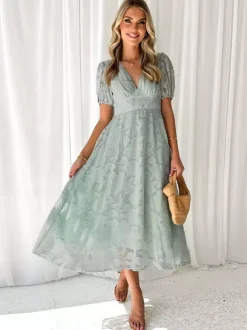 Floral Midi Dress With V-Neck And Puffy Sleeves For Women 2026