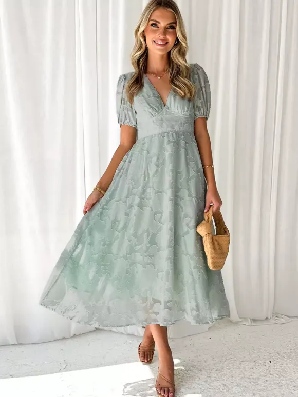 Floral Midi Dress With V-Neck And Puffy Sleeves For Women 2026