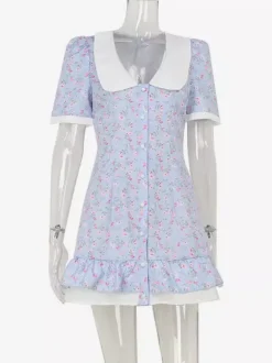 Floral Mini Dress For Women - Light Blue Cottagecore Peter Pan Collar Puff Sleeve Sundress - Summer Picnic Date Night 2026