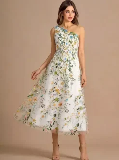 Floral One Shoulder Sleeveless Homecoming Dress Tea-Length A-Line Embroidered Lace