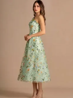 Floral One Shoulder Sleeveless Homecoming Dress Tea-Length A-Line Embroidered Lace