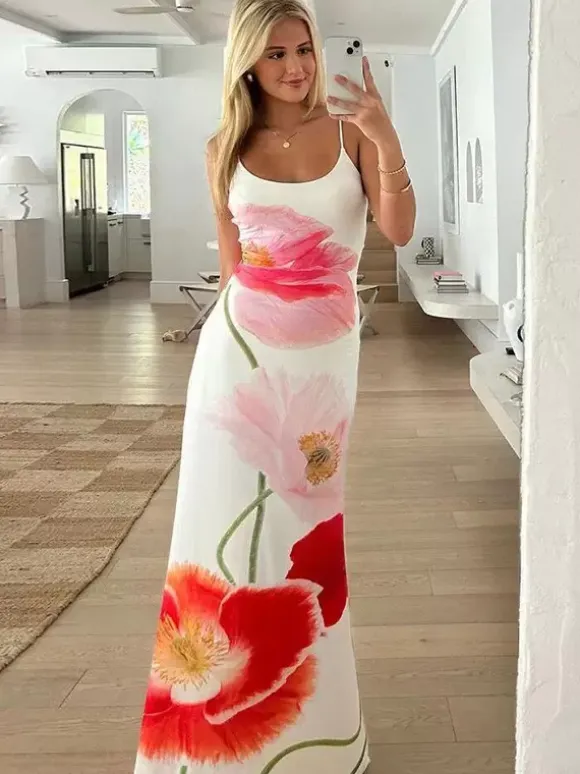 Floral Print Bodycon Maxi Slip Dress for Women - Spaghetti Strap Slim Fit Mermaid Sundress - Summer Beach Resort 2026