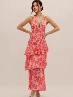 Floral Printed Layered Ruffle Long Dress With Deep V-Neck And Open Back 2026