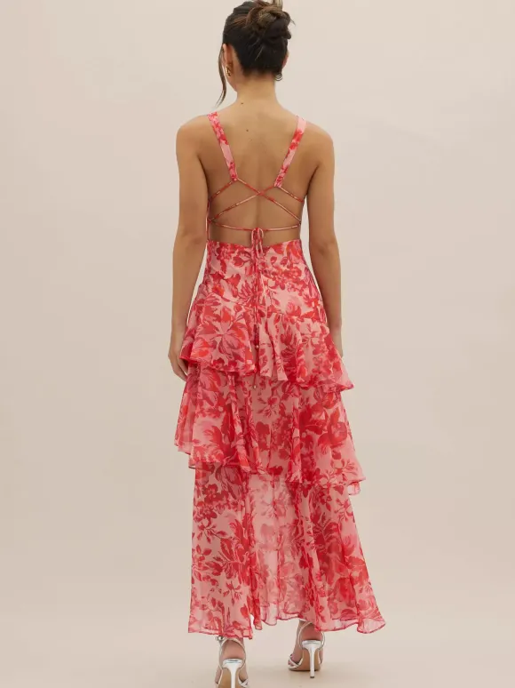 Floral Printed Layered Ruffle Long Dress With Deep V-Neck And Open Back 2026