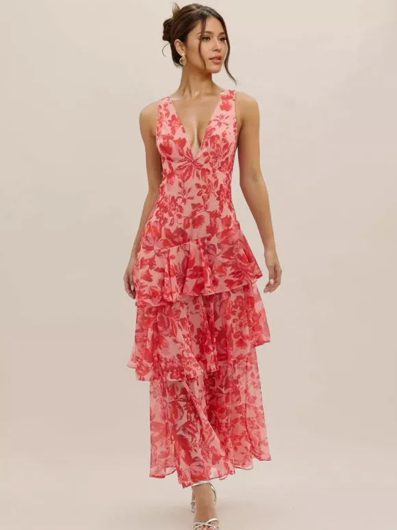Floral Printed Layered Ruffle Long Dress With Deep V-Neck And Open Back 2026