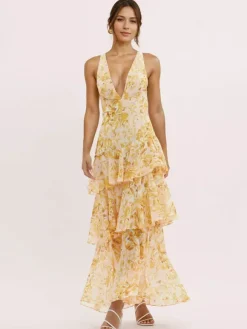 Floral Printed Layered Ruffle Long Dress With Deep V-Neck And Open Back 2026