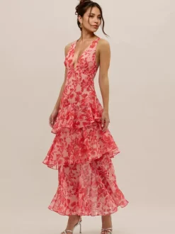 Floral Printed Layered Ruffle Long Dress With Deep V-Neck And Open Back 2026