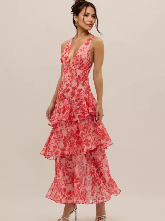 Floral Printed Layered Ruffle Long Dress With Deep V-Neck And Open Back 2026