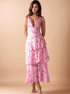 Floral Printed Layered Ruffle Long Dress With Deep V-Neck And Open Back 2026