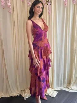 Floral Printed Layered Ruffle Long Dress With Deep V-Neck And Open Back 2026