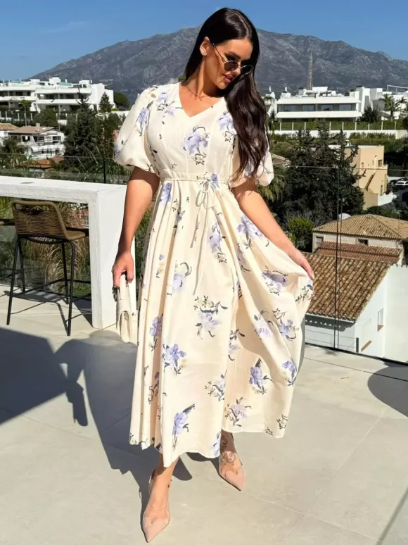 Floral Print Long Dress With Puff Sleeves For Women 2026